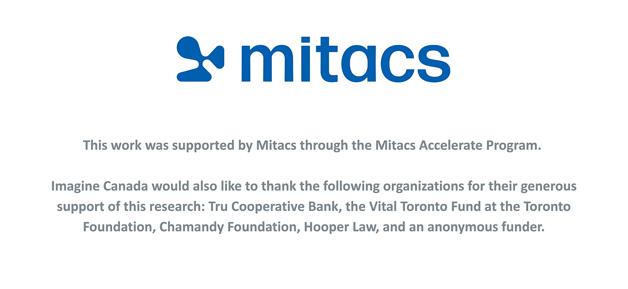 Mitacs logo and acknowledgement of support for research through the Mitacs Accelerate Program, with thanks to additional funders.