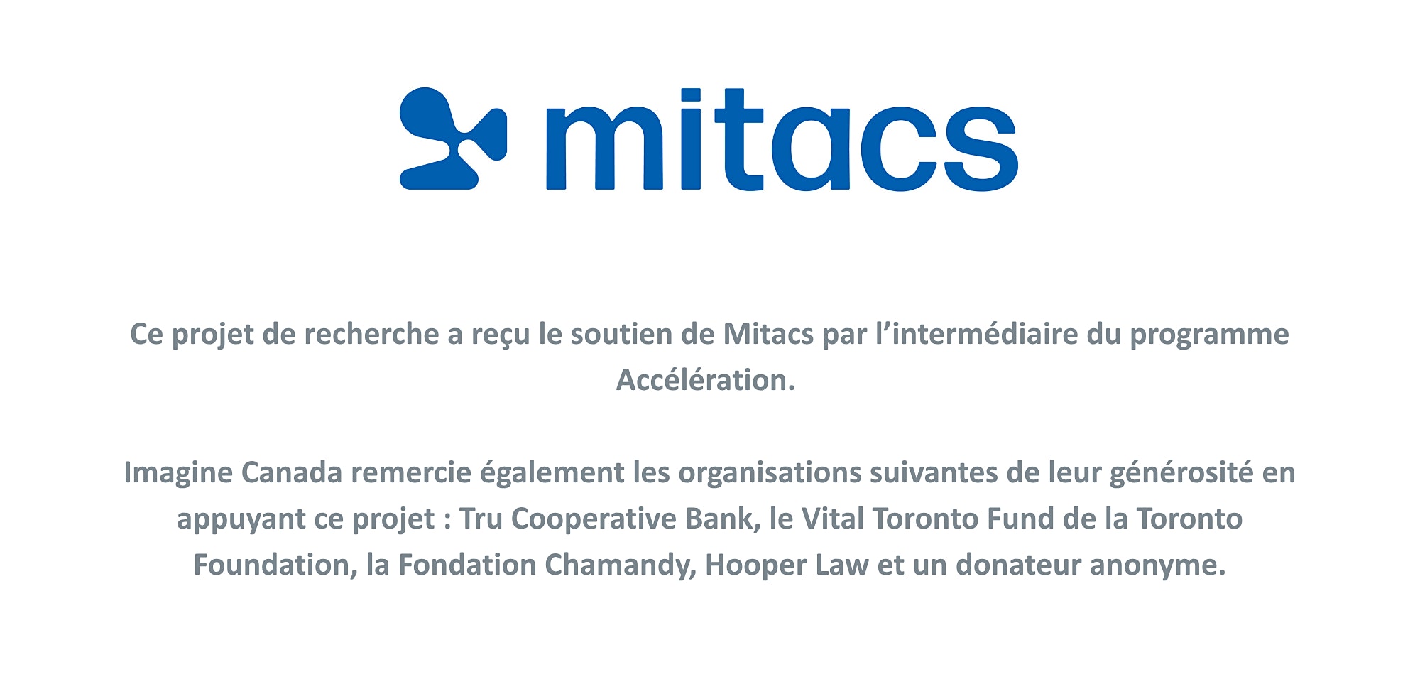 Logo Mitacs et mention du soutien au projet de recherche par l’intermédiaire du programme Accélération, avec remerciements aux autres bailleurs de fonds.