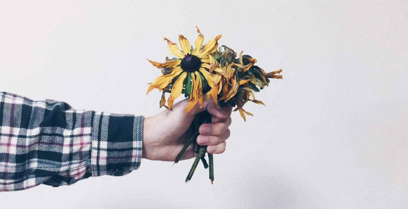outstretched arm holding bought of flowers
