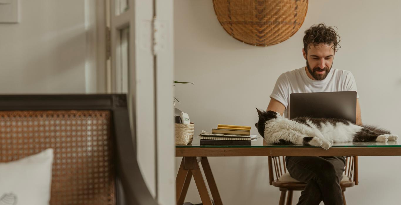 un homme assis à un bureau avec un chat sur son bureau