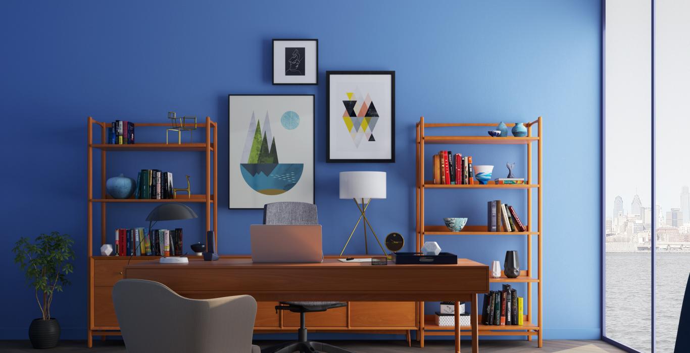 home office with blue walls