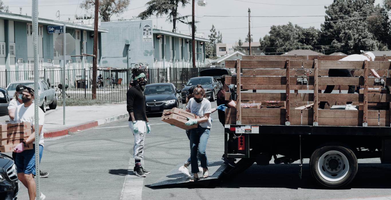 volunteers unloading a truck