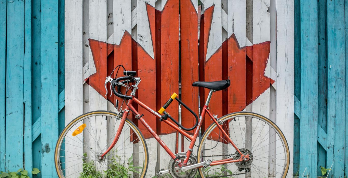 bike in front of maple leaf on wall